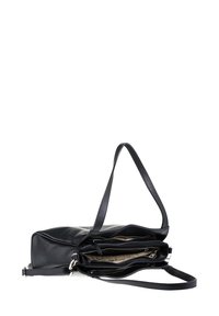 Borsa in pelle nera con più scomparti, superficie testurizzata e doppie spalline. Chiusure con cerniera e interno foderato.