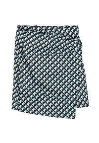 Wrap rok met een geometrisch patroon van zwarte, witte en turquoise driehoeken. Gemaakt van lichtgewicht stof met een verstelbare tailleband.