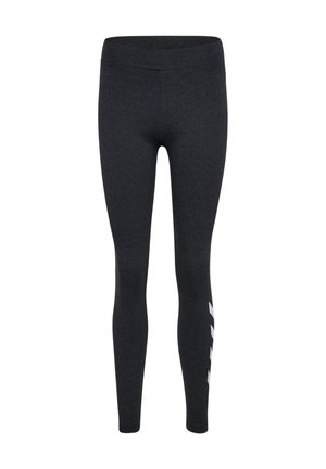 Dehnbare schwarze Leggings mit hohem Bund und weißen Logoakzenten an der Seite. Glatte Textur, entworfen für Komfort und Flexibilität.