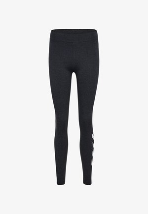 Dehnbare schwarze Leggings mit hohem Bund und weißen Logoakzenten an der Seite. Glatte Textur, entworfen für Komfort und Flexibilität.