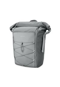 Sac à dos gris avec une fermeture enroulable, tissu texturé, poche latérale en mesh et système de bungee élastique à l'avant pour sécuriser des objets.