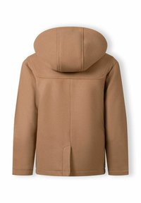 Brun uldfrakke med en stor hætte, der har en lige pasform og en enkelt slidslomme på ryggen. Glat tekstur og minimale syninger.