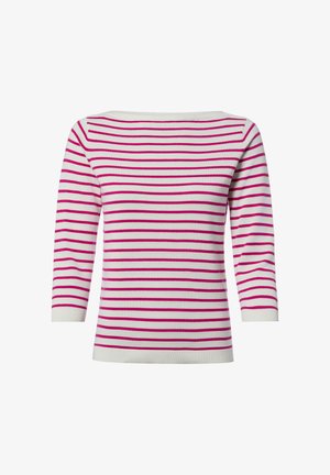 Pull blanc avec des rayures horizontales rose vif et manches trois-quarts, présenté sur un fond uni.