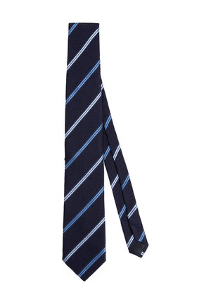 Marineblauer Krawatte mit diagonalen Streifen in Hellblau und Weiß. Texturiertes Gewebe mit spitzem Ende und einer Breite, die zum Boden hin schmaler wird.