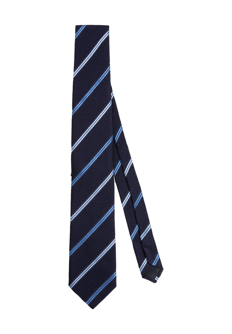 Navy tie featuring diagonal stripes in light blue and white. Textured fabric with a pointed end and a width tapering toward the bottom.