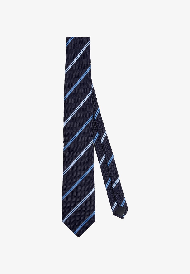 Navy tie featuring diagonal stripes in light blue and white. Textured fabric with a pointed end and a width tapering toward the bottom.