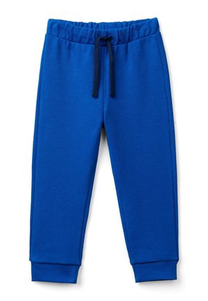 Blue children's sweatpants with elastic waistband, navy drawstring, and ribbed cuffs.