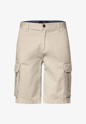 Pantalones cortos cargo beige hechos de algodón duradero. Cuenta con dos grandes bolsillos laterales, un cierre de botón y un diseño de corte recto.