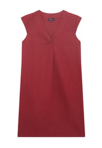 Punainen hihaton mekko V-kaula-aukolla, rakenteellinen muotoilu, kaksi sivutaskua ja sileä kankaan rakenne. Ei lisäkoristeluita.