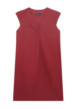 Abito rosso senza maniche con scollatura a V, design strutturato, due tasche laterali e una texture di tessuto liscia. Nessun ulteriore abbellimento.