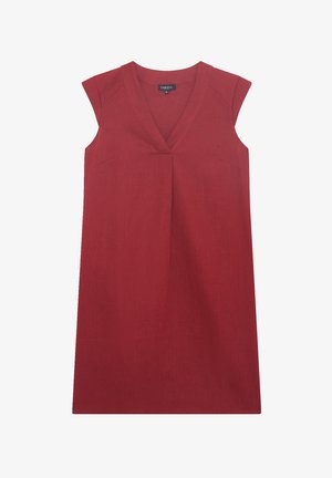 Rotes ärmelloses Kleid mit V-Ausschnitt, strukturiertem Design, zwei seitlichen Taschen und glatter Stofftextur. Keine zusätzlichen Verzierungen.