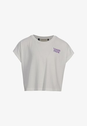 Wit cropped T-shirt met korte mouwen en paarse tekst "LR BEACH Club" en schelpenafbeelding op de linkerbovenborst.