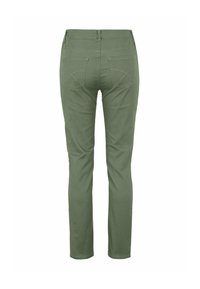 Vihreät venyvät puuvillahousut, joissa on kapea muotoilu, kahdella takataskulla ja hienovaraisella ompeluyksityiskohdalla. Sileä rakenne ja kapenevat lahkeet.