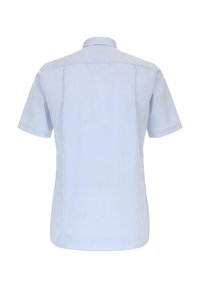 Lichtblauw overhemd met korte mouwen, gemaakt van gladde stof, met een klassieke kraag en een rechte snit met achternaden en zonder zichtbare patronen.