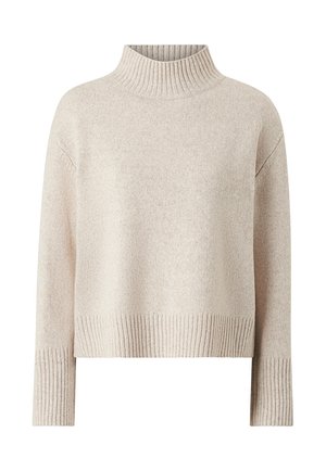 Beige, knitted pullover sweater featuring a high ribbed collar, dropped shoulders, and ribbed cuffs. Soft texture with a relaxed fit.
