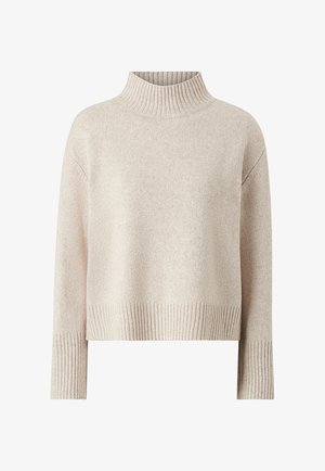 Beige, gebreide pullover met een hoge geribbelde kraag, verlaagde schouders en geribbelde manchetten. Zachte textuur met een ontspannen pasvorm.
