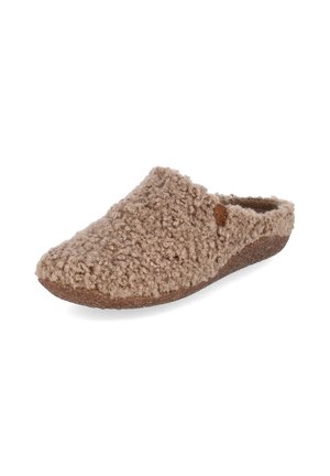 Single brown slip-on slipper with curly textured fabric and a flat sole designed for indoor comfort.