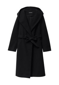 Manteau en mélange de laine noir avec une grande capuche, des manches longues, une ouverture frontale et une ceinture à nouer. Présente une texture lisse et un design minimaliste.