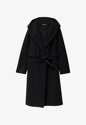 Zwarte wollen blendjas met een grote capuchon, lange mouwen, een open voorkant en een strikceintuur. Heeft een fijne textuur en een minimalistisch ontwerp.