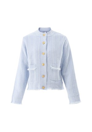 Hellblaue strukturierte Jacke mit goldenen Knöpfen, zwei Vordertaschen, ausgefransten Kanten an Bündchen und Saum sowie einem Stehkragen.