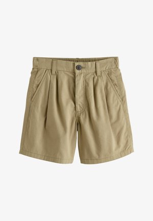 Shorts en coton kaki avec plis, fermeture par bouton sur le devant, taille élastique, passants de ceinture et poches latérales.