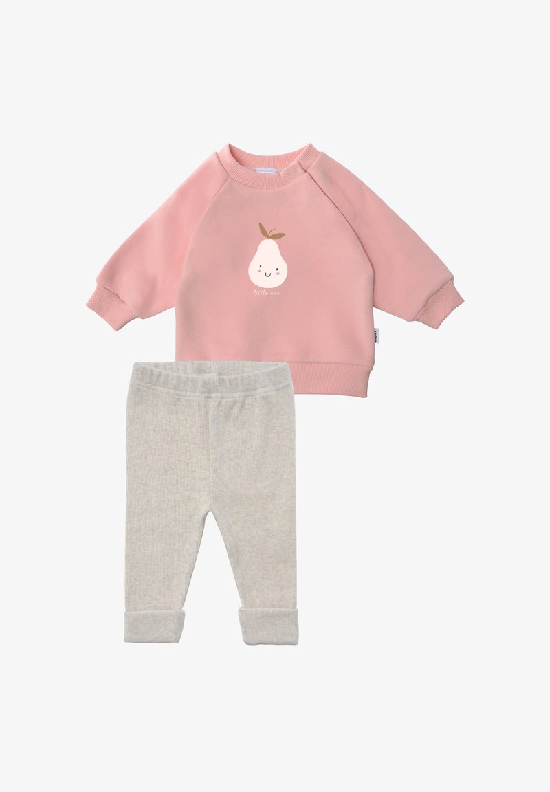 Pink sweatshirt with a pear graphic and text "little one," paired with light gray pants featuring rolled cuffs, made from soft fabric.
