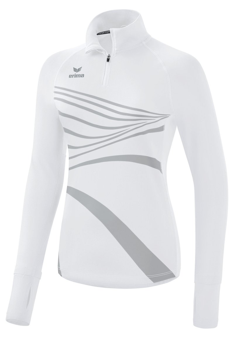 Witte langesleeve quarter-zip top met een grijs golfpatroon en duimgaten bij de manchetten, gemaakt van een gladde, rekbare stof.