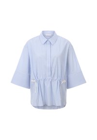 Blouse rayée en bleu clair et blanc, dotée d'un col, de manches larges courtes et d'un cordon de serrage réglable à la taille. Tissu léger.
