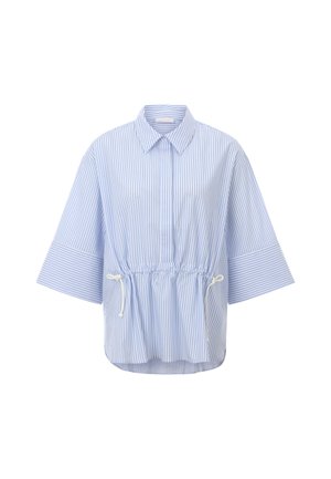 Striped blouse in light blue and white, featuring a collar, short wide sleeves, and an adjustable drawstring at the waist. Lightweight fabric.