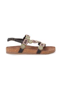 Sort læder sandal med perleaccenter i pink og grøn, der har en korksål og justerbar ankelrem. Flad og åben design.