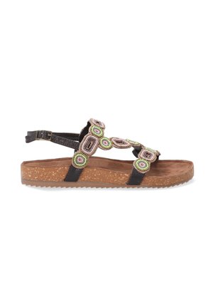 Black leather sandal with beaded accents in pink and green, featuring a cork sole and adjustable ankle strap. Flat and open design.