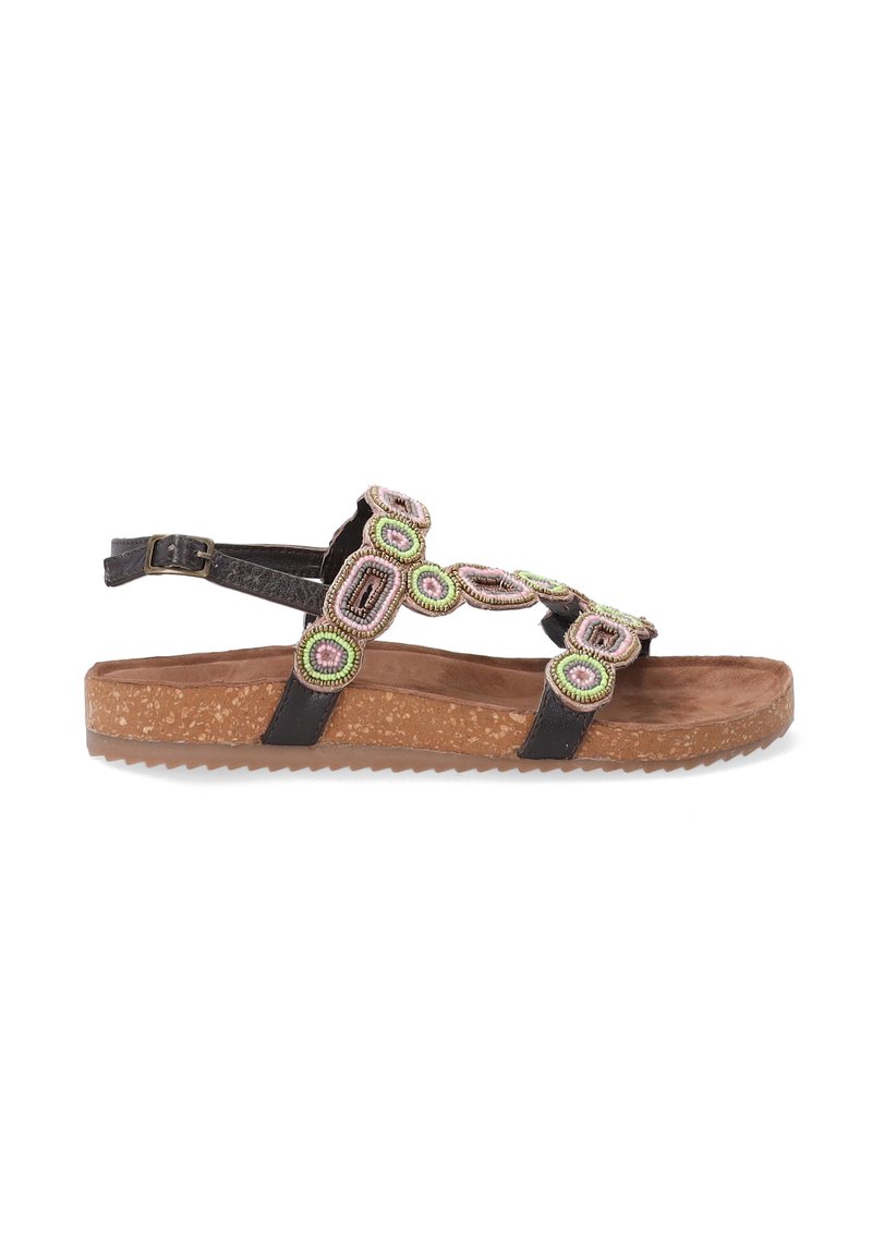 Sort læder sandal med perleaccenter i pink og grøn, der har en korksål og justerbar ankelrem. Flad og åben design.