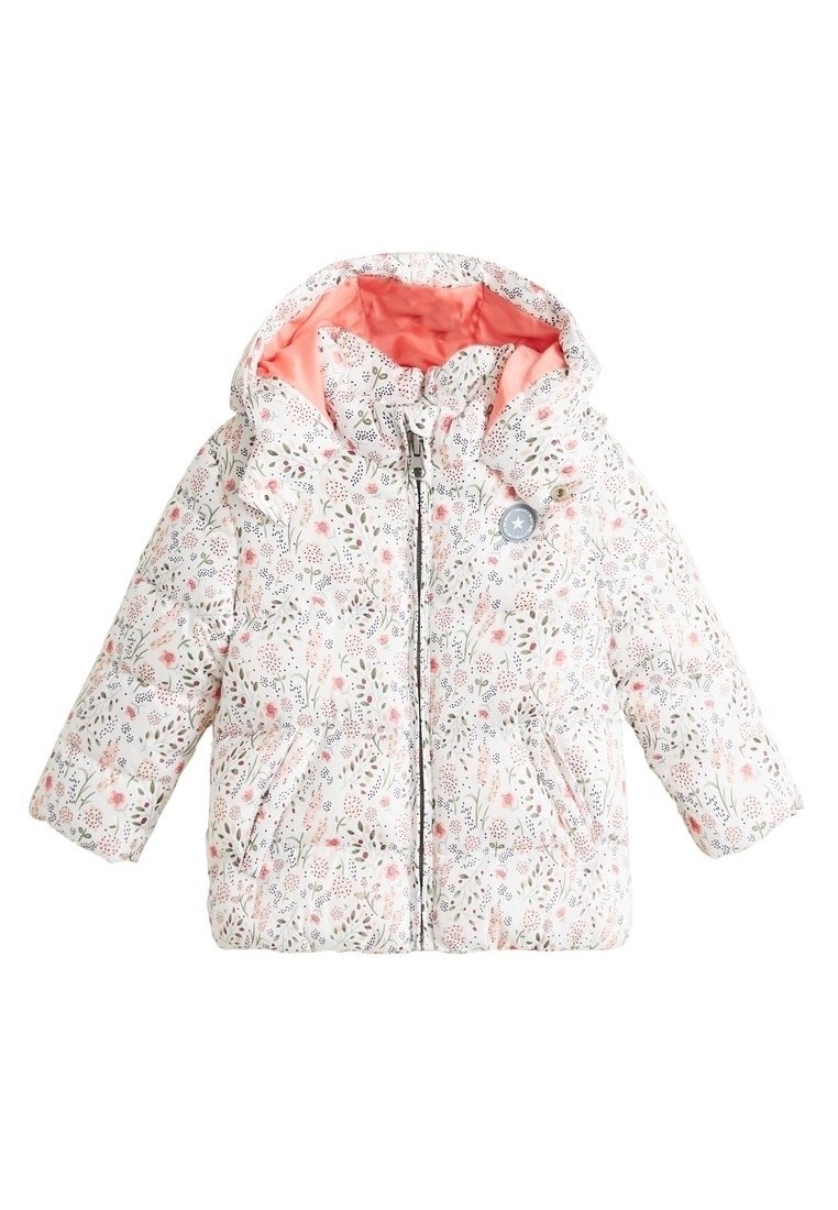 White puffer jacket with floral pattern in pink and green, featuring a hood, zip closure, and two front pockets. Lined with pink fabric.
