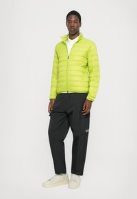 Erelong puffer jakk lime rohelises, lukuga eesmine osa, horisontaalne tikandid. Kombineeritud mustade cargo-pükstega ja tuhkhallide spordijalatsitega.