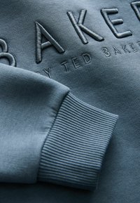 Niebieska bluza z wyszywanym napisem "BAKER" oraz "TED BAKER". Strukturalny ściągacz na rękawie. Gładki materiał i luźny krój.