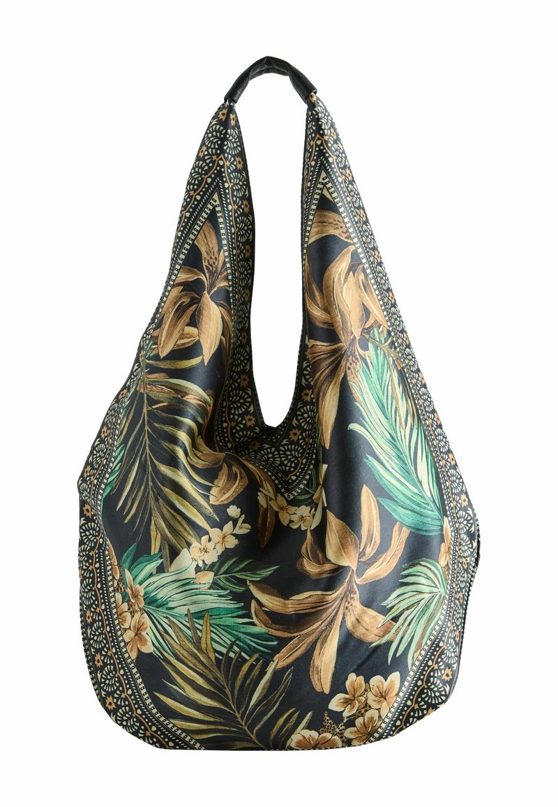 Grand sac en tissu noir avec imprimé feuilles et fleurs tropicales marron et vert et bordure décorative à motifs.
