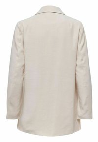 Licht beige blazer met lange mouwen en een geknipt kraagje, gemaakt van een gladde stof. Heeft een losse pasvorm en geen zichtbare sluitingen aan de achterkant.
