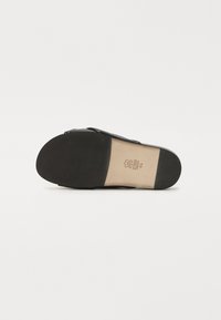 Sandale noire avec une tige en cuir lisse, semelle plate en caoutchouc et un logo de marque subtilement embossé au dessous. Design simple et forme robuste.