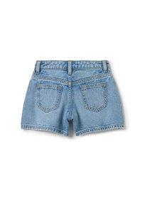 Light blue denim shorts with a five-pocket design, visible stitching, and a straight cut. Features two back pockets and a waistband.