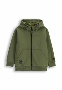 Zielona bluza z kapturem na zamek, wykonana z miękkiego materiału, z miękkim wnętrzem, dwoma przednimi kieszeniami, kapturem ze sznurkiem oraz nadrukowanym logo.