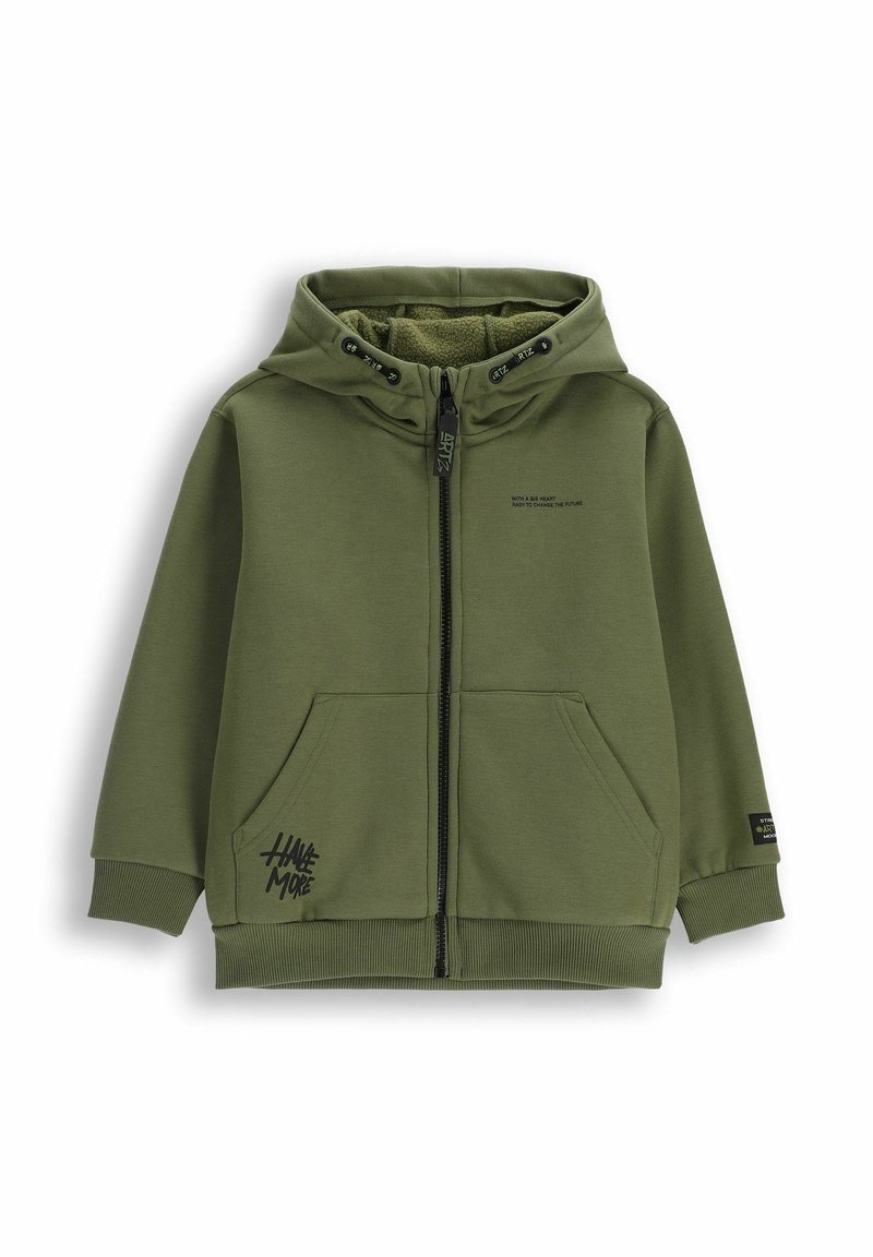 Zielona bluza z kapturem na zamek, wykonana z miękkiego materiału, z miękkim wnętrzem, dwoma przednimi kieszeniami, kapturem ze sznurkiem oraz nadrukowanym logo.