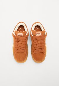 Brune semskede sneakers med teksturerte snørebånd, hvit innvendig fôr og gummisåler. Har logo-lapper på tungen og siden. Klassisk lav-toppsdesign.
