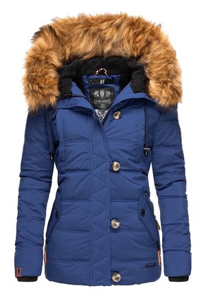 Veste d'hiver matelassée bleue avec capuche bordée de fausse fourrure marron, gros boutons, poches zippées et doublure intérieure noire.