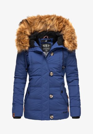 Veste d'hiver matelassée bleue avec capuche bordée de fausse fourrure marron, gros boutons, poches zippées et doublure intérieure noire.