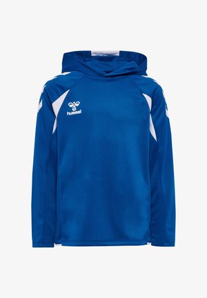 Blauwe sporthoodie met lange mouwen, witte accenten en hummel-logo op de borst, ontworpen voor actieve kleding.