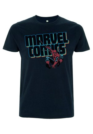 Námornícké bavlněné tričko s barevným grafikou Spider-Mana a výrazným textem "MARVEL COMICS" v modré a červené barvě s vintage designem.