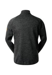 Veste pullover avec un col haut, en tissu texturé de couleur gris foncé, dotée de manches longues et d'un petit logo sur l'épaule gauche.