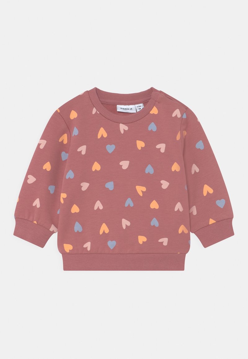 Sweat-shirt bébé mauve à manches longues avec poignets et ourlet côtelés, décoré de petits cœurs éparpillés en bleu, orange et rose.