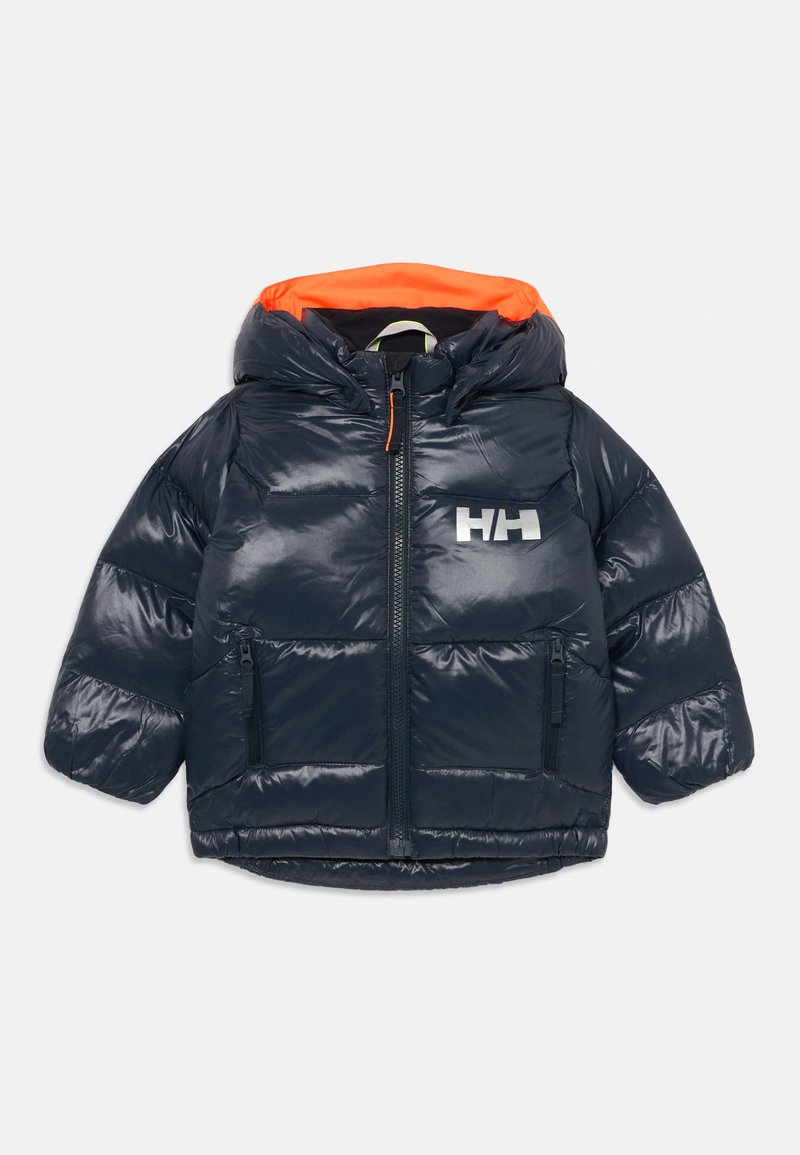 Marineblå dunjakke med oransje hetta fôr, frontglidelås, to glidelåslommer og hvit HH-logo på brystet.