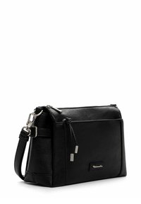 Black leather handbag with a textured finish, zippered compartments, and silver hardware accents. Includes a detachable shoulder strap.